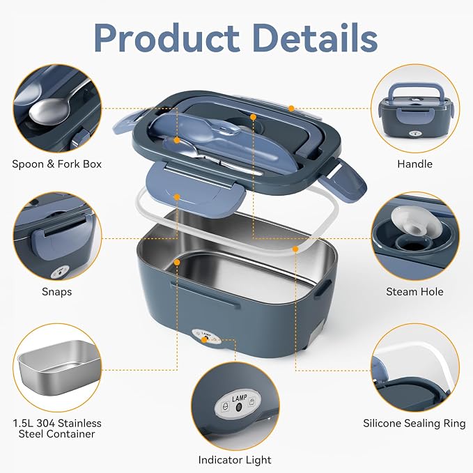 Vingud Electric Lunch Box for Adults, Heated Lunch Box Food Warmer, 80W Portable Heating Lunchbox for Work/Car/Truck, 12/24/110V Lonchera Eléctrica Portátil Christmas White Elephant Gifts, Blue Gray