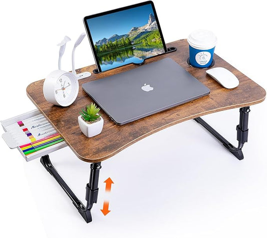 BYMECOST Laptop Desk for Bed, Height Adjustable Laptop Bed Table, Foldable Portable Lap Desk Stand with USB/Storage Drawer/Cup Holder/Slot, Breakfast Tray for Working Reading Writing Eating