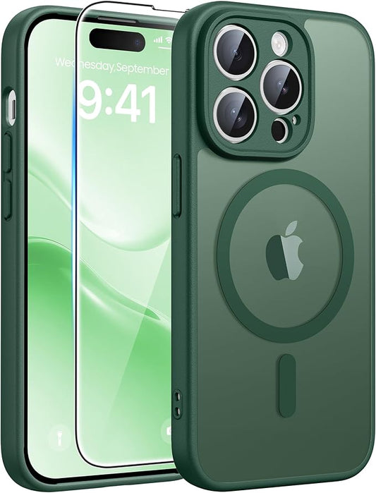 FNTCASE for iPhone 14 Pro Case: [Compatible with Magsafe] Translucent Matte Cases with [Full Camera Protection] [Screen Protector] Military Grade Shockproof Protective Phone Cover - Green