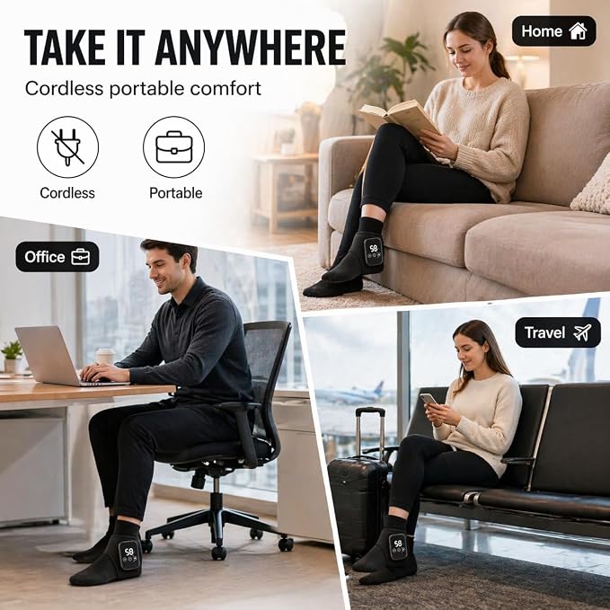 3-in-1 Heated Foot & Ankle Massager, Relieves Foot Pain, Heel Pain, Arch Strain & Ankle Fatigue, Cordless Portable Wrap for Fast Comfort at Home, Office & Travel (1)