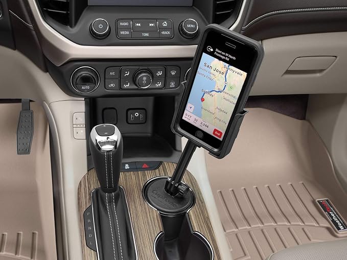 WeatherTech CupFone Two View with Extension – Adjustable, Universal Cup Holder Cell Phone Mount Car & Truck Accessory – Best Design for iPhone & Smartphone Charging – Black Plastic Knobs