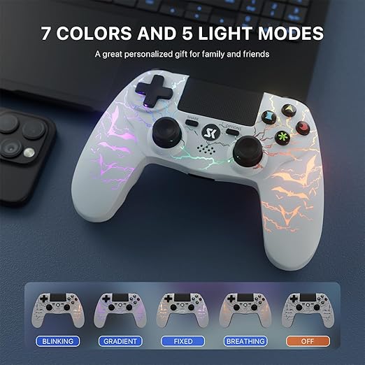 Kujian Wireless Controller for PS4 with RGB, Gaming Remote for PS4 with1000mAh Battery/Dual Shock/6-Axis Gyro/3.5mm Audio Jack/Speaker, Gaming Controller for Playstation 4/PS3(White)