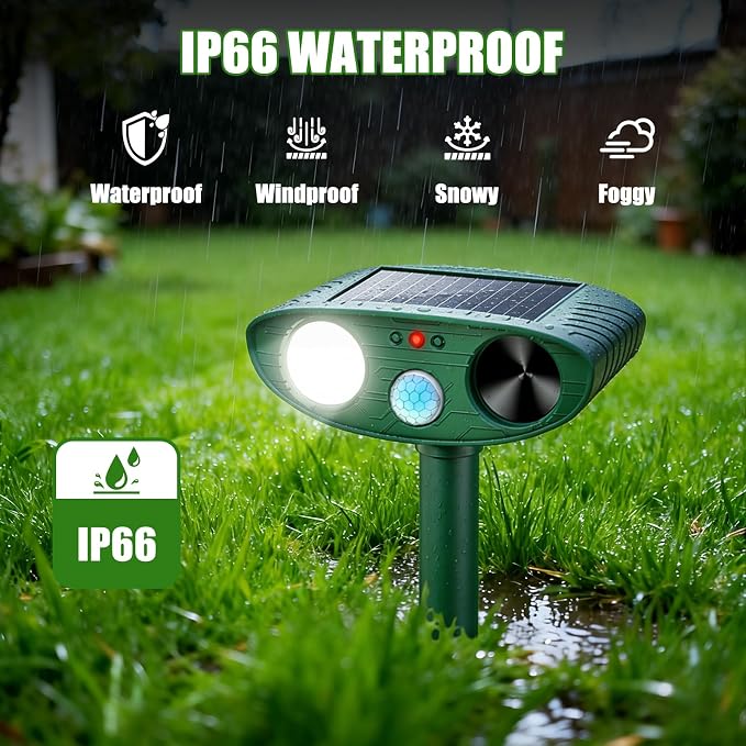 2026 Solar Ultrasonic Animal Repellent Outdoor with Motion Sensor Flash Light, IP66 Waterproof Deer Cat Squirrel Raccoon Repellent for Yard Farm Garden (2 Pack)