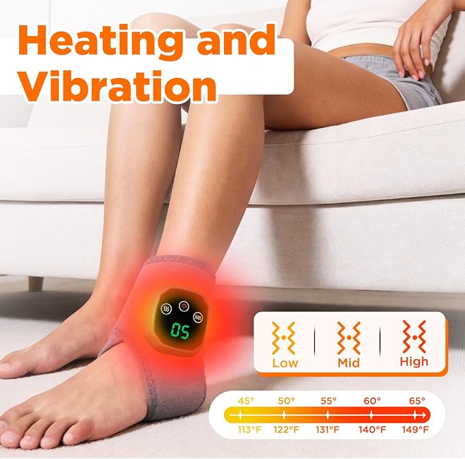 XFP 2Pcs Cordless Foot and Ankle Massager with Heat, Ankle Heating Pad Heated Brace Wrap with 5 Heat Levels and 3 Vibration, USB Charging, Ideal for Home and Travel（Gray）
