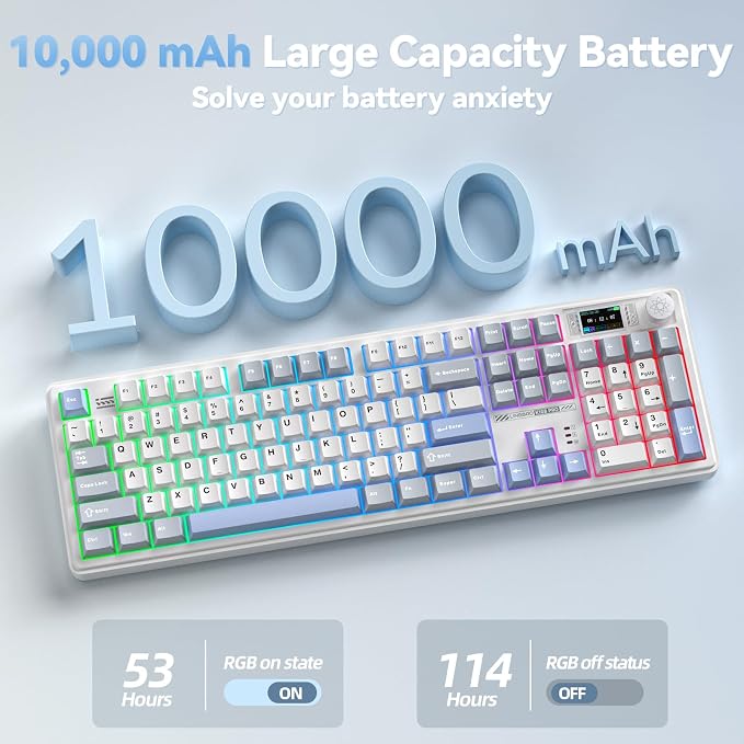 CORBOBO LINGBAO K108 Pro Wireless Mechanical Keyboard with Screen & Knob, Full Size Creamy Keyboard with Number Pad, 10000mAh Battery, PBT Keycaps, RGB Backlit, Hot-swappable Gaming Keyboards