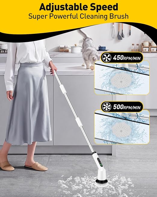 Shower Scrubber with Long Handle, Shower Cleaner Brush with 8 Floor Machine Pads, Cordless Electric Spin Scrubber for Cleaning with 2 Speed, Cleaning Supplies for Bathroom Bathtub Kitchen Floor Tile
