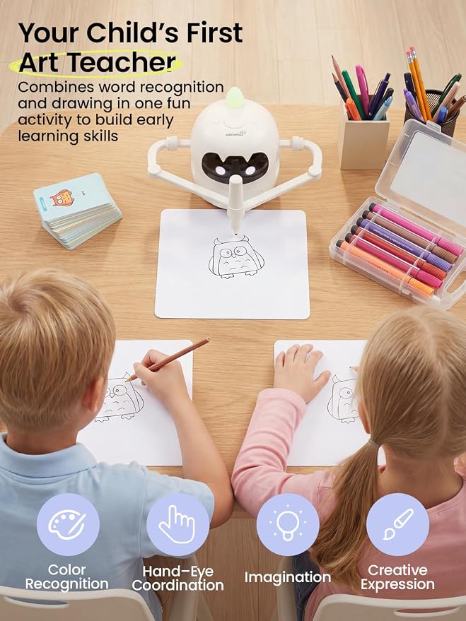 Grownsy Smart Drawing Robot for Kids, Light & Voice Guidance Education Toy with Scan, Doodle Bot with 150 Word Cards & 12 Color Pens, Montessori Painting Learning Toys for Kids Ages 3–8, Birthday Gift