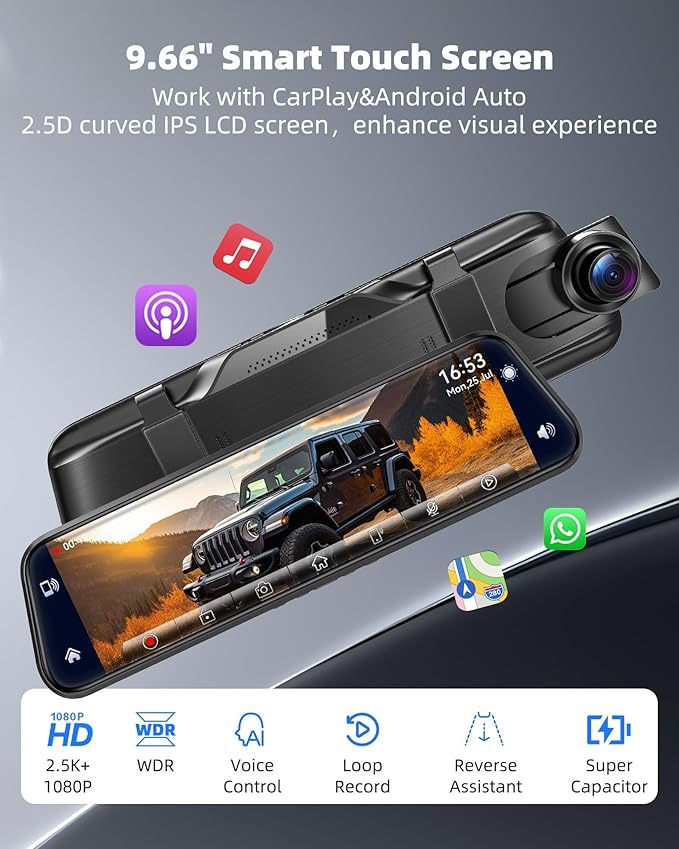 2.5K Mirror Dash Cam with Carplay&Android Auto,10" Rear View Mirror Camera for Cars/Trucks with Voice Control/ 64GB Card/Touch Screen/Parking Monitor/Reverse Assist/Dual Loop Record/WDR Tech