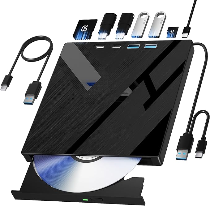 Wbacon 7 in 1 External CD/DVD Drive for Laptop, Portable DVD Player for Laptop with SD/TF Port, External DVD Drive with USB 3.0/Type C, CD Drive USB for PC Windows Linux