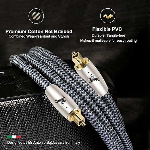 Premium Fiber Optic Audio Cable 6.5ft (2m) | Toslink S/PDIF | 24K Gold-Plated | Glass Core | for Soundbars, TVs, PS5, Xbox