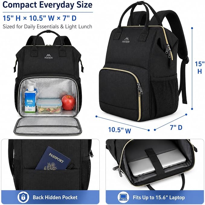 MATEIN Lunch Backpack for Women, Insulated Cooler Backpack Lunch Bag for Men, 15.6 Inch Leakproof Laptop College Tote Work Bag Teacher Nurse Picnic Office Commuter Travel, Black