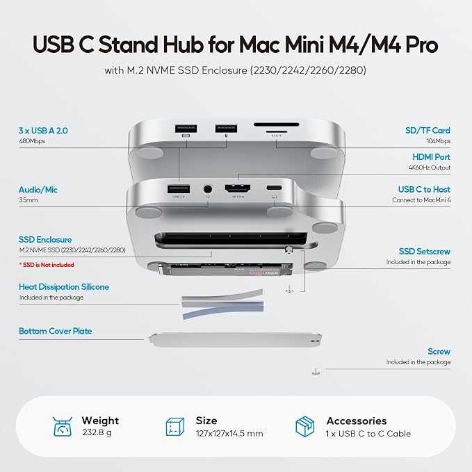 Mac mini M4 Dock with 8TB M.2 SSD Enclosure (SSD NOT Included), Mac mini M4/ M4 Pro Hub Stand with HDMI 4K@60Hz, 2024 MacMini USB C Hub Accessories, 3 USB A, SD/TF, 3.5mm Audio
