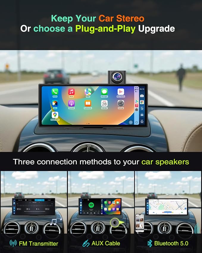 10.25″ CarPlay Screen with Dashcam & Apps, Built-in Google-Play & 6GB+128GB, Portable Android Auto Display 1920x720, Dual 1080P DVR, Wireless Bluetooth, Supports Steering Wheel Controls