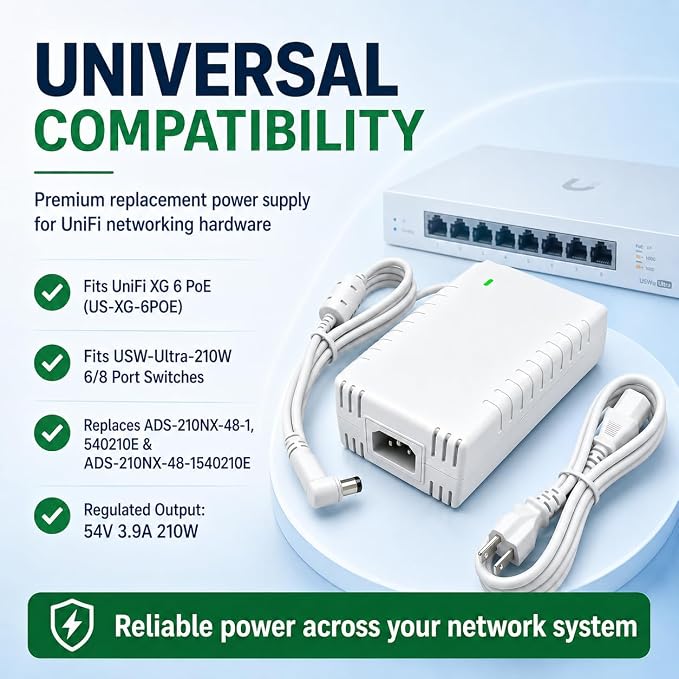 MSMJFSA UACC-Adapter-AC-210W 54V 210W AC Adapter for Ubiquiti UniFi | Fits Ubiquiti UniFi US-XG-6POE and USW-Ultra-210W switches; 54V 3.9A 210W white replacement power adapter.