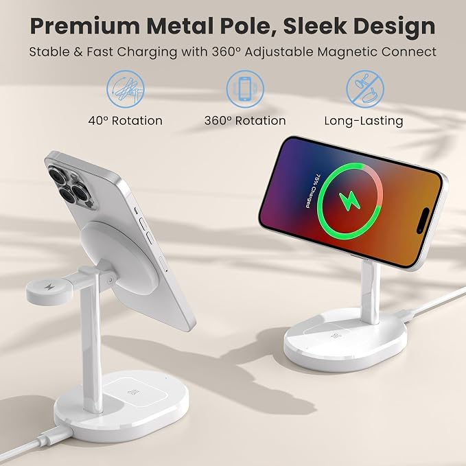 3 in 1 Wireless Charging Station,Detachable Apple Watch Charger & 15W Charger Stand for MagSafe for iPhone, Wireless Charger for Multiple Devices iPhone 16/15/14/13&Watch&AirPods（Purple）
