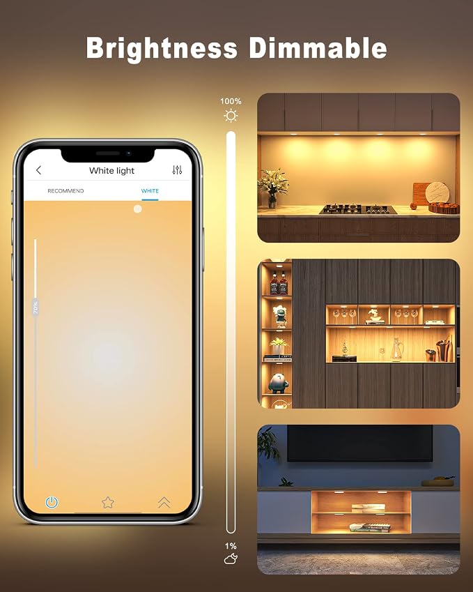 MYPLUS Smart Under Cabinet Lights, Dimmable Puck Lights Compatible with Alexa and Google Home,WIFI Controlled Adjustable Color Temperatures and Smart CCT LED Light Fixture(2.75 inch-4PCS)