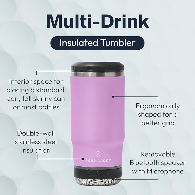Vibe 4 In 1 Bluetooth Speaker Cup, Insulated Can and Bottle Holder for Hot or Cold Drinks, Double Wall Stainless Steel Drinkware, Fits 12 oz Cans or 14 oz Liquid, Pink