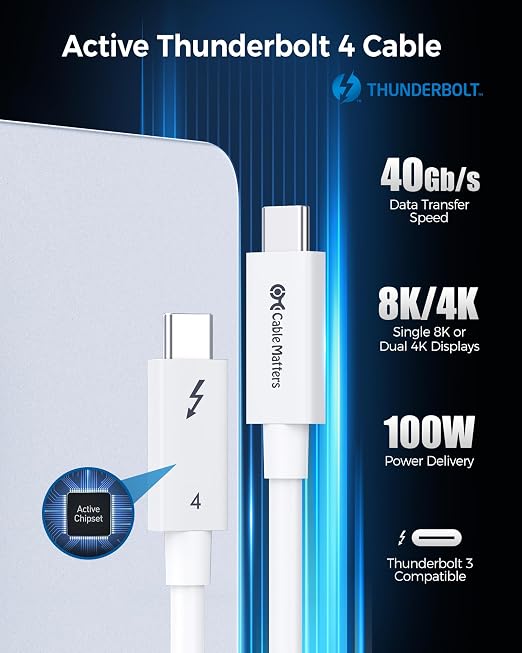 Cable Matters [Intel Certified] 40Gbps Active Thunderbolt 4 Cable 6.6 ft with 100W Charging and 8K Video, White - Fully Compatible with USB C/USB-C, USB4, and Thunderbolt 3