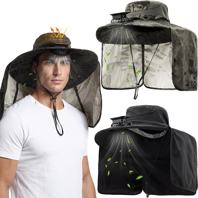 Maiteenly 2 Pcs Solar Fan Hat for Men with Neck Flap Bucket Fan Buit in Hats for Hiking Fishing Outdoor USB and Solar Powered