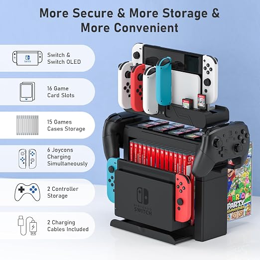 Switch Game Storage with Controller Charger for Nintendo Switch & OLED Model, Switch Charging Dock Charges 6 Joycons, Switch Gaming Accessories Holder for Desk, Switch Game Gift Card Organizer (Black)