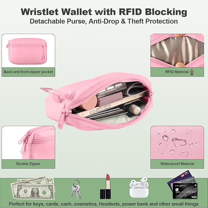 YFWE Clip and Go Strap for Phone with Wallet Crossbody, Adjustable Phone Lanyard with Detachable RFID Wristlet Wallet, Pattern Strap, Pink(M)