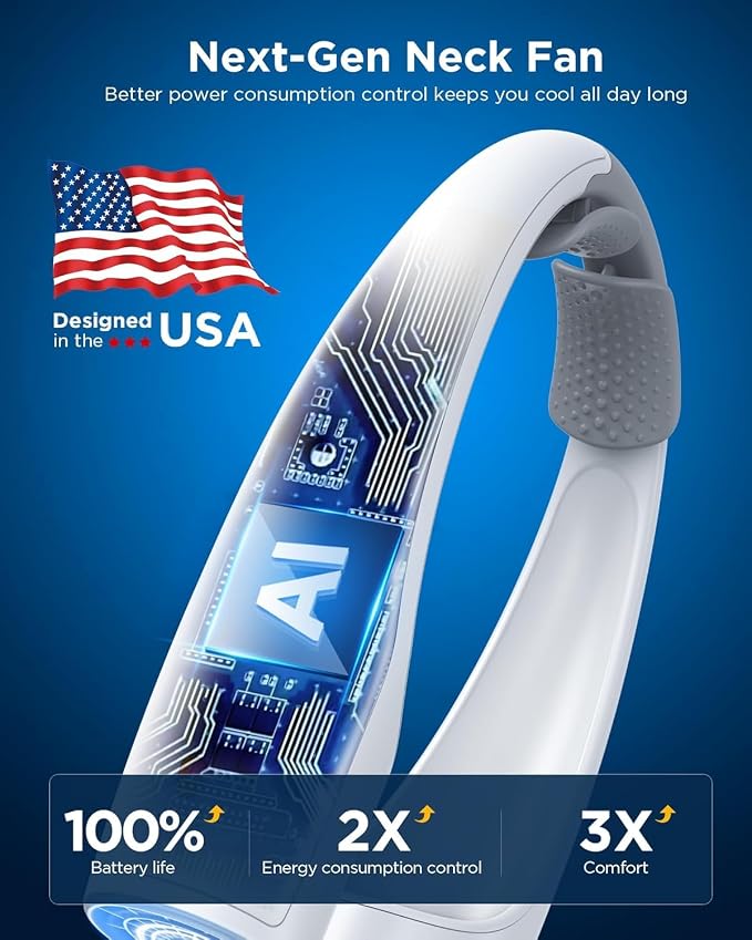 Heelkl AI Neck Fan, 4 Speeds Adjustable Portable Personal Fan Rechargeable, 4000 mAh Battery Faster Cooling, Ultra Quiet for Home, Office, Travel, Outdoor