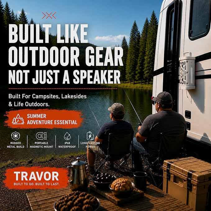 TRAVOR Magnetic Bluetooth Speaker, 45W Rugged All-Aluminum Build Portable Outdoor Speaker, Deep Bass, IP68 Waterproof, TWS Wireless Speaker for Golf Cart, Camping, Beach (Cloud Dancer Metallic)