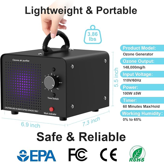 PROGRACE Ozone Generator 148,000mg/h - Commercial Ozone Machine - Negative Ion Air Purifier, High Capacity O3 Ionizer Deodorizer for Home, Car, Pets, Smoke, Industrial Use, Covers up to 6000 Sq Ft