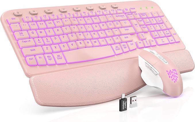 SABLUTE Wireless Keyboard and Mouse Combo Ergonomic - MA12Pro Wave Keyboard with Leather Wrist Rest for Comfortable Typing, RGB Backlit Rechargeable for Windows, Mac, PC, Laptop (Pink)
