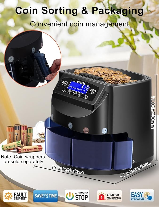 Coin Counter and Dollar Coin sorter with LCD Display, 300-coin Capacity, Supports Multiple Coin Types, Equipped with Sorting and Packaging Machine for Fast and Accurate Sorting (Coin Counter)