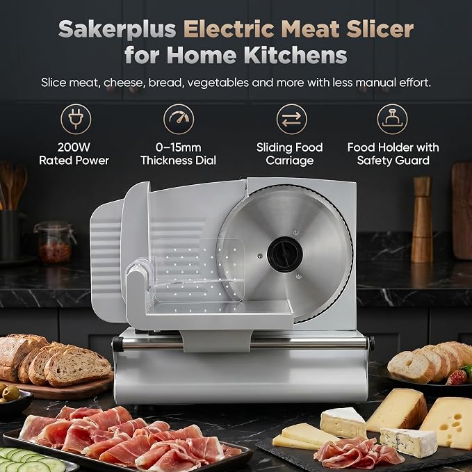 Sakerplus Electric Meat Slicer, 200W Food Slicer Machine with 2 Blades, 0-15mm Adjustable Thickness, Removable Blade, Food Pusher & Safety Guard for Meat, Bread, Vegetables