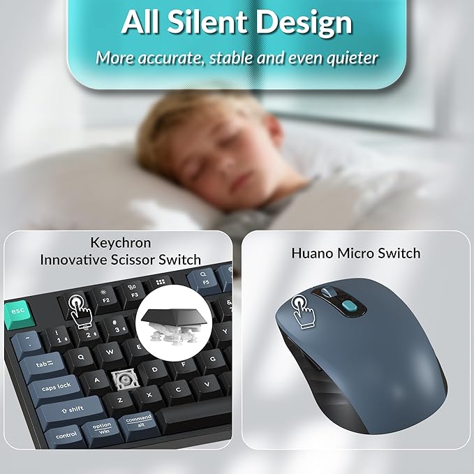 Keychron B33 Wireless Keyboard & BM25 Mouse Combo, 2.4 GHz/Bluetooth 5.2/Wired, 80% TKL Silent Portable Ergonomic Keyboard Adjustable DPI Mouse, Unifying Receiver for macOS Windows Linux