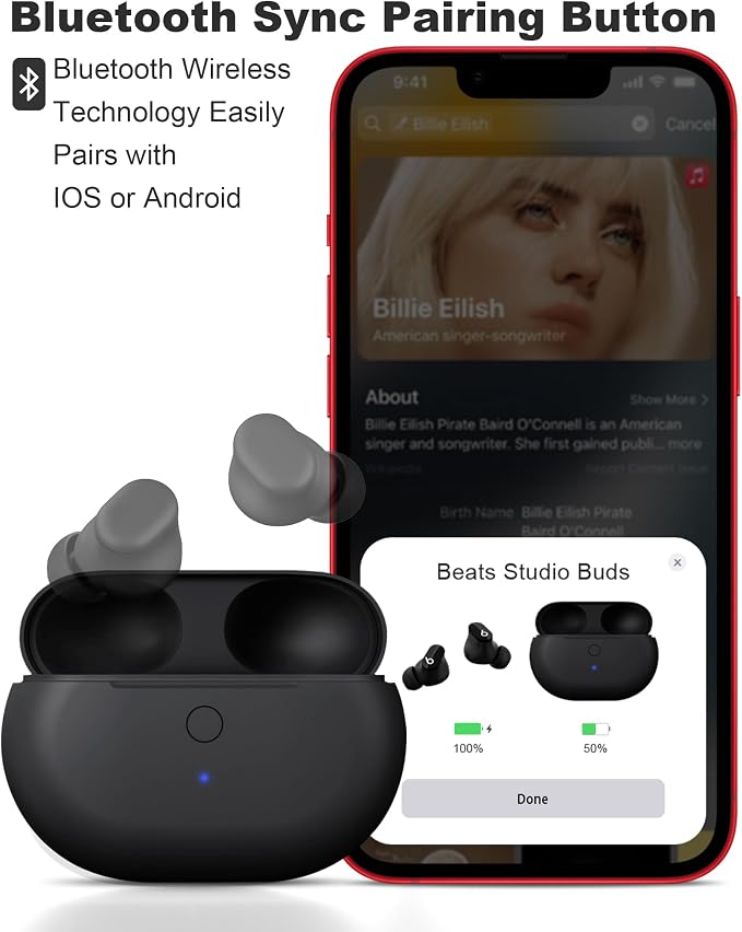 Charging Case Replacement for Beats Studio Buds - Earbuds Charger Case with Bluetooth Pairing Sync Button, 660mAh Battery (Earbuds Not Included)