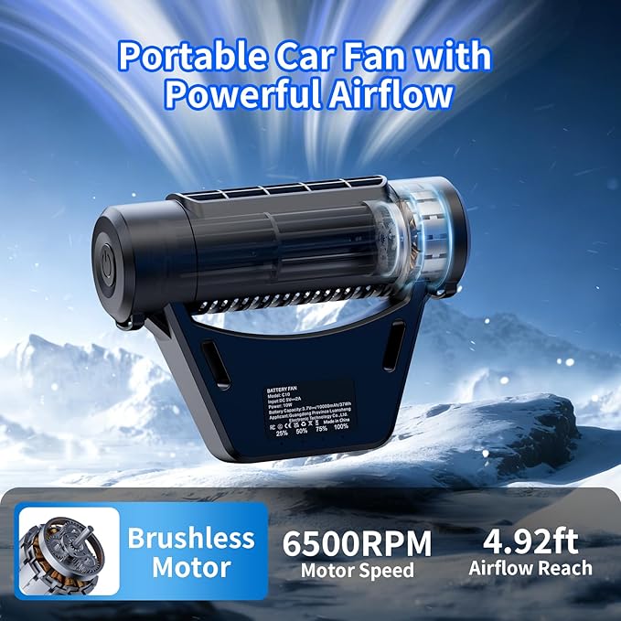 Socool 10000mAh Portable Car Fan Rechargeable Battery Powered, 4-Speed Car Seat Fans for Baby Kids Backseat Cooling, Mini Rear Headrest Neck Fan 70° Tilt Adjustment for RV Truck Van Travel