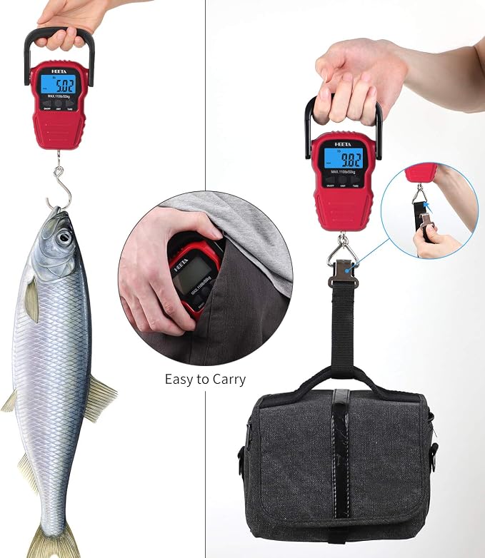 HEETA Fish Scale with Backlit LCD Display, Up to 110lb/50kg Digital Portable Hanging Fish Weight Scale with Hook & Measuring Tape for Home, Farm, Outdoor, Hunting, Fishing, 2 AAA Batteries Included