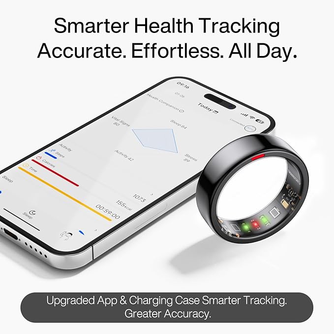 Smart Ring Pro, No App Subscription, Sleep & Activity Tracker with Heart Rate Monitoring, 7 Days Battery Life, IP68 Waterproof Fitness Ring, Compatible with iOS & Android(Matte Black,7)