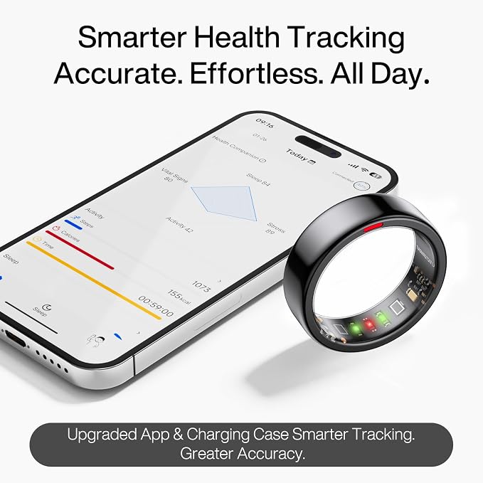 Smart Ring Pro, No App Subscription, Sleep & Activity Tracker with Heart Rate Monitoring, 7 Days Battery Life, IP68 Waterproof Fitness Ring, Compatible with iOS & Android(Matte Black,11)