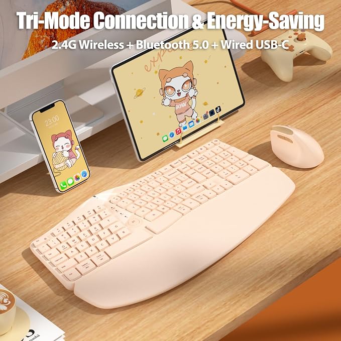 Bow Split Ergonomic Keyboard Wireless with Cushioned Wrist & Palm Rest, Wireless 2.4G/Bluetooth/Wired USB-C, Comfortable Natural Typing, Compatible with Windows/Mac/PC/Laptop, Milk Tea