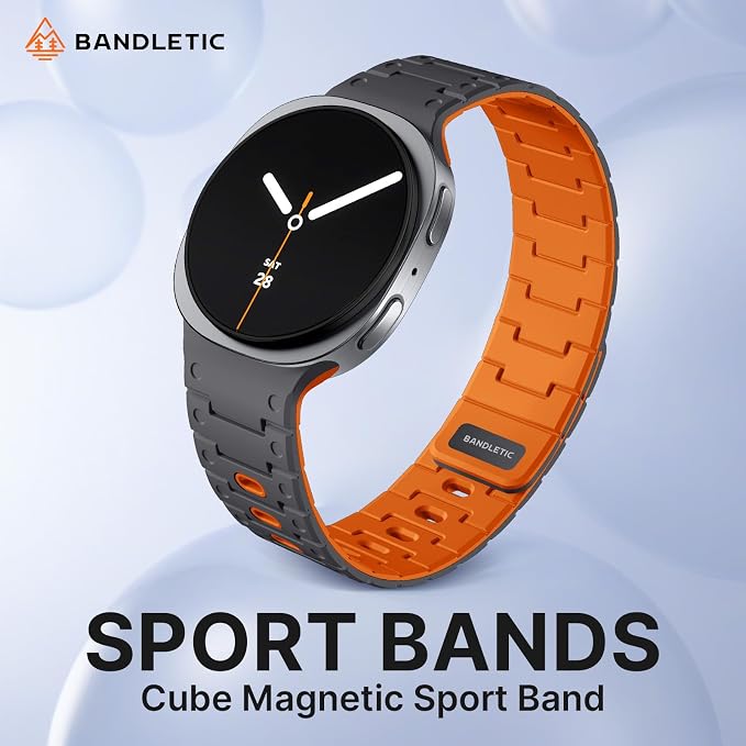 Bandletic Silicone Magnetic Band Compatible with Samsung Galaxy Watch 8 40mm 44mm / 8 Classic 46mm 2025, No Gap Soft Sport Wristbands Breathable Replacement Strap for Men Women, Space Gray/Orange