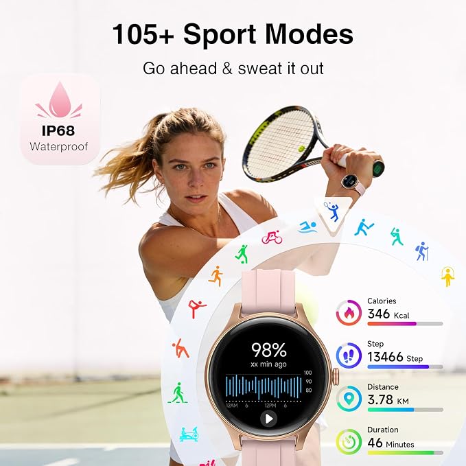Fitpolo Smart Watch for Women Android iPhone, 1.27'' HD Fitness Tracker with Bluetooth Call & Answer, IP68 Waterproof, Heart Rate/SpO2/Sleep Monitor, Built-in AI Voice, 105+ Sports Modes (Pink)