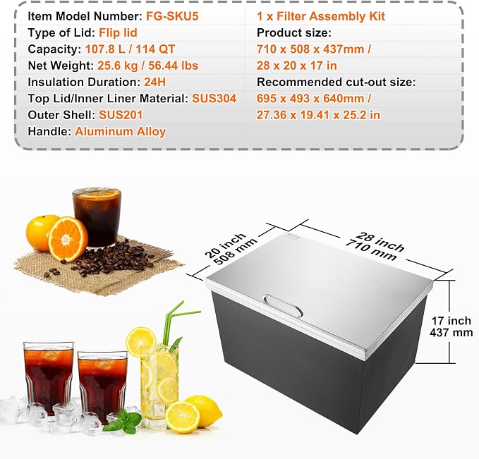 VEVOR Drop in Ice Chest, 28" L x 20" W x 17" H Stainless Steel Ice Cooler, Commercial Ice Bin with Hinged Cover, 114 qt Outdoor Kitchen Ice Bar, Drain-Pipe and Drain Plug Included, for Cold Wine Beer