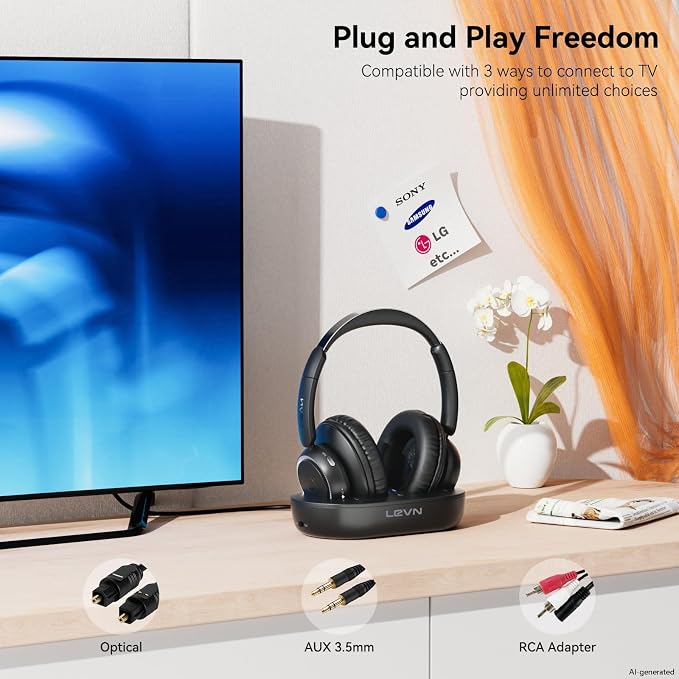 LEVN Wireless Headphones for TV Watching, TV Headphones Wireless for Seniors with Transmitter Charging Base, Hearing-impaired, No Audio Delay Blutooth 5.2, Plug and Play, Gifts for Elderly