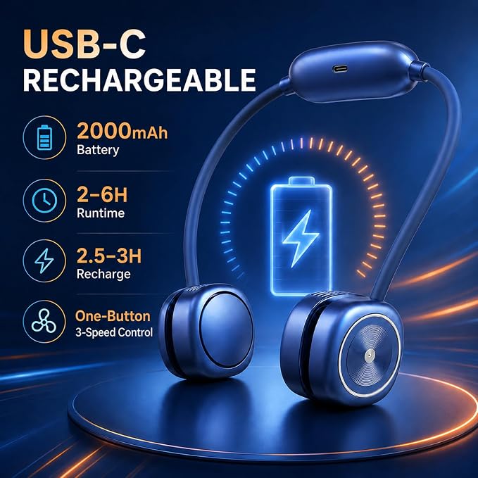 Foldable Neck Fan, Portable Neck Fan Rechargeable, Bladeless Quiet 360° Adjustable Personal Fan, 3 Speeds Hands Free Wearable Fan for Travel, Walking, Camping, Office, Navy Blue