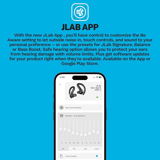 JLab, Epic Air Sport ANC 3, True Wireless Earbuds, Active Noise Cancelling, Bluetooth, Sport, Black