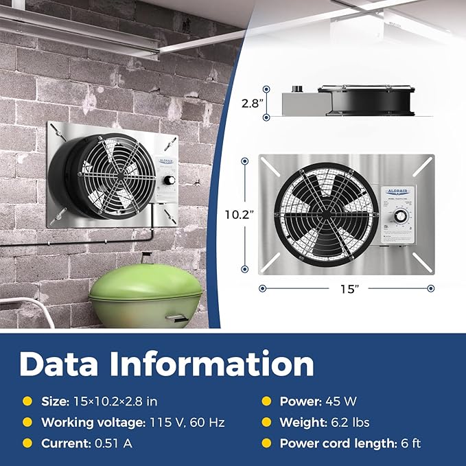 ALORAIR 540 CFM Stainless Steel Crawl Space Ventilation Fan with Humidistat Dehumidistat, IP55 Rated Crawlspace Vent Fan for Foundation Basements Garage Attic