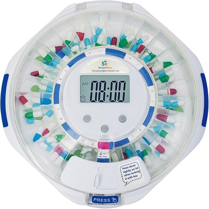Senyerkare Automatic Pill Dispenser with Lock & Alert for Seniors | Sound/Light Alarms for Elderly, Dementia & Caregivers - Up to 6 Alarms/Day, Medication Organizer for Vitamins/Supplements