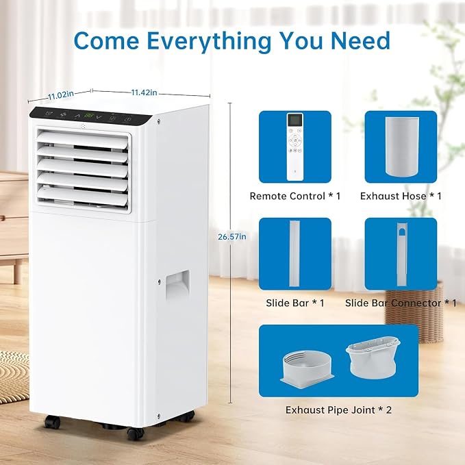 8000Btus Portable Air Conditioner 3-in-1 with Remote Control and LED Display - Cools Up to 350 Sq. Ft., Includes Dehumidifier, Fan, Sleep Mode, Energy Efficient, and Easy Installation Kit