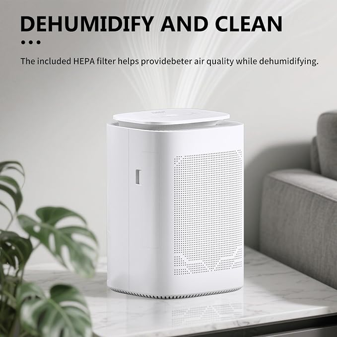 Dehumidifier and Air Purifier Combo HEPA H13 Filter and Negative Air Ion Function,54oz(1600ML) Water Tank with Drain Hose,24hrs Auto-Off Timer,Idea for Bedroom,Bathroom(W)