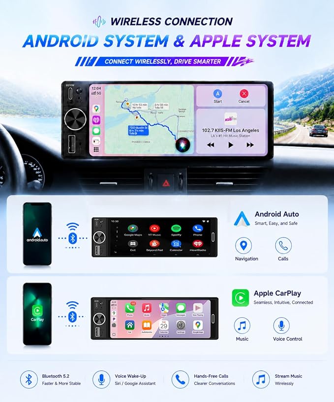6.5" Wireless Single Din Car Stereo with Apple CarPlay, 720x1280 HD in-Cell Touchscreen, FM Radio with Bluetooth 5.2, USB & Type-C Fast Charging, SWC, Backup Camera, Android Auto, Hands-Free with Mic