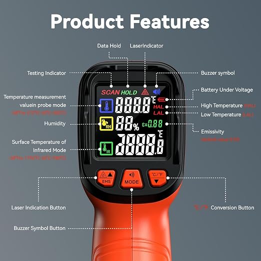 Laser Thermometer -58°F to 1796°F, Dual-Mode Infrared Thermometer Temperature Gun with K-Type Thermocouple, IR Thermometer Gun for Reptiles, Cooking, Griddle, Oven, 16:1 Home Handheld Temp Guns